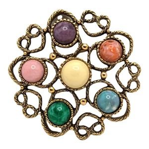 Multi colored stone gold brooch